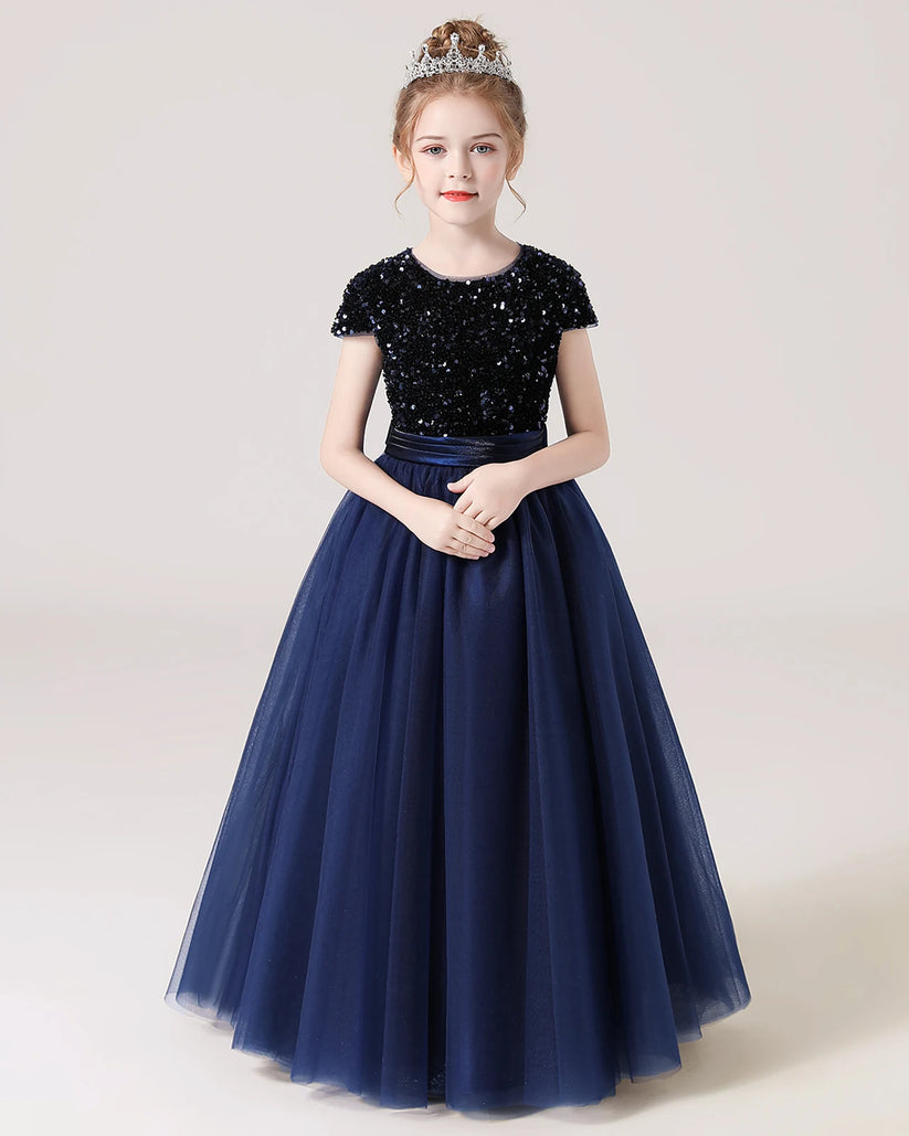 Navy Blue Tulle A-line Girls Formal Dress Front View