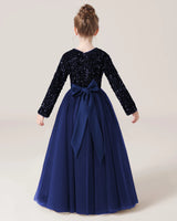 Navy Blue Sequin Tulle A-line Girls Formal Dress Back View