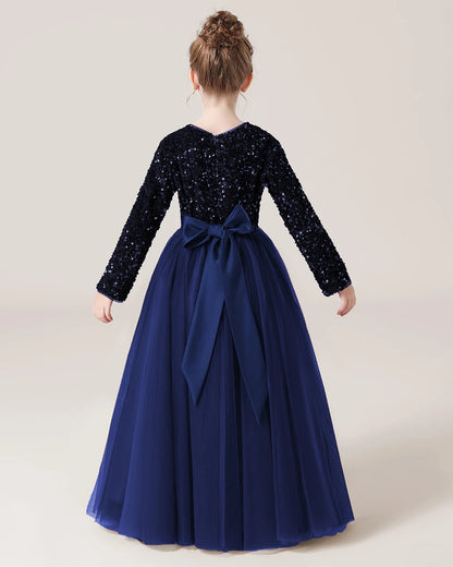Navy Blue Back Sequin Long Sleeve Flower Girl Dress