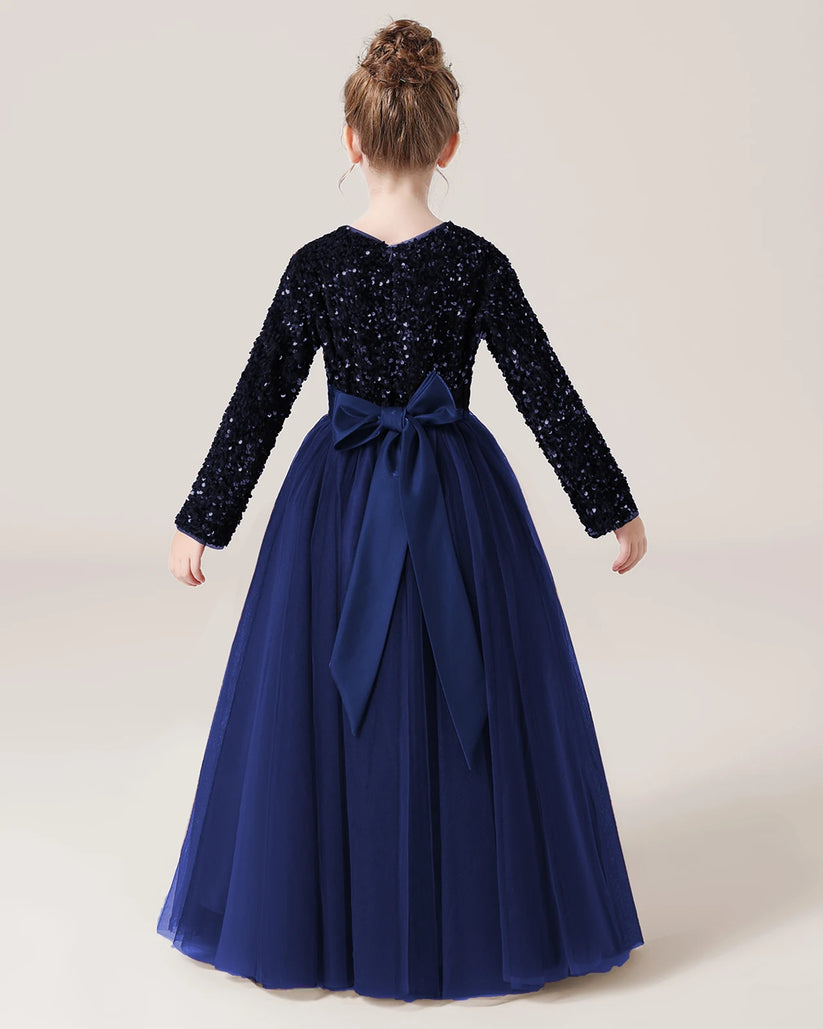 Navy Blue Sequin Tulle A-line Girls Formal Dress Back View