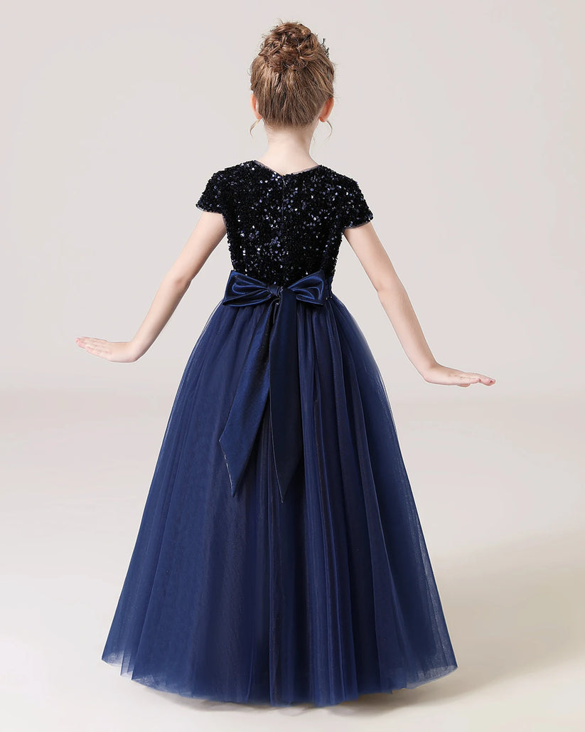 Navy Blue Tulle A-line Girls Formal Dress Back View