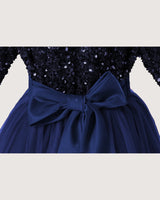 Navy Blue Tulle A-line Girls Formal Dress Back View