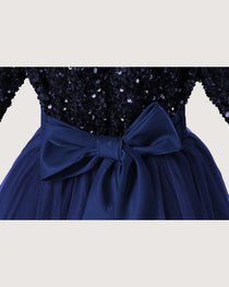 Navy Blue Details Sequin Long Sleeve Flower Girl Dress