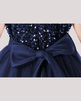 Navy Blue Tulle A-line Girls Formal Dress Back View