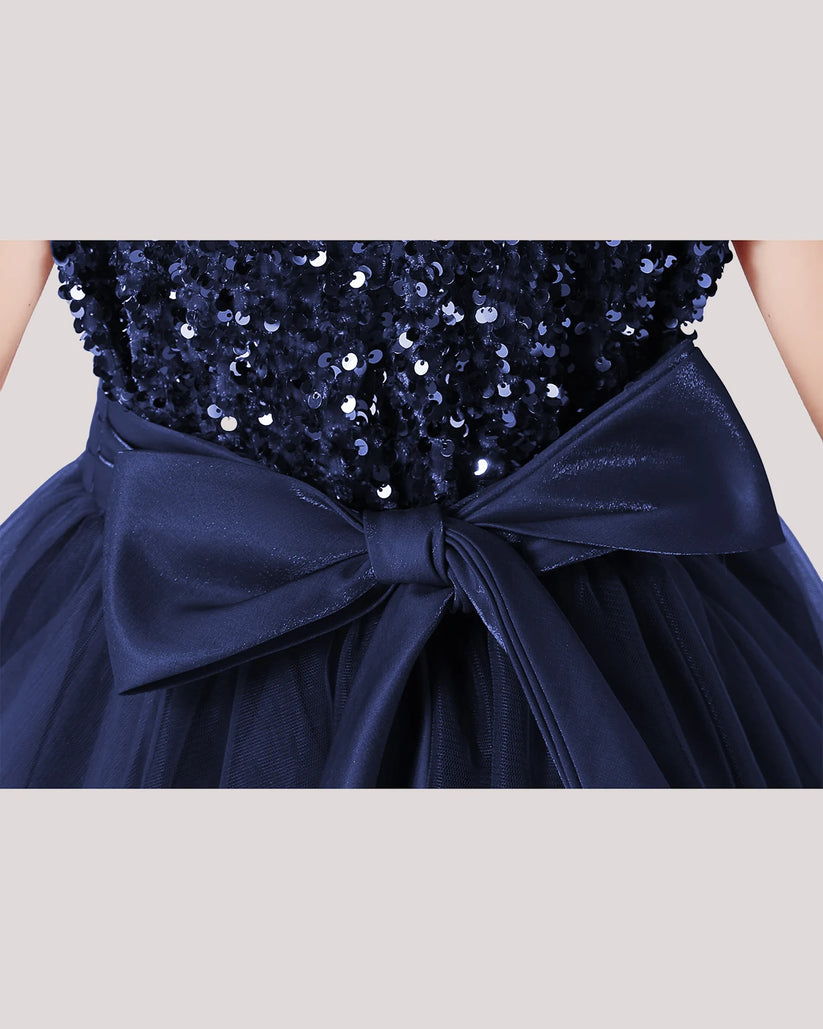 Navy Blue Tulle A-line Girls Formal Dress Back View