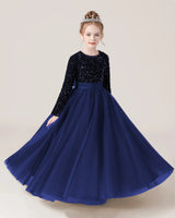 Navy Blue Sequin Tulle A-line Girls Formal Dress Front View