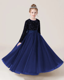 Navy Blue Front Sequin Long Sleeve Flower Girl Dress