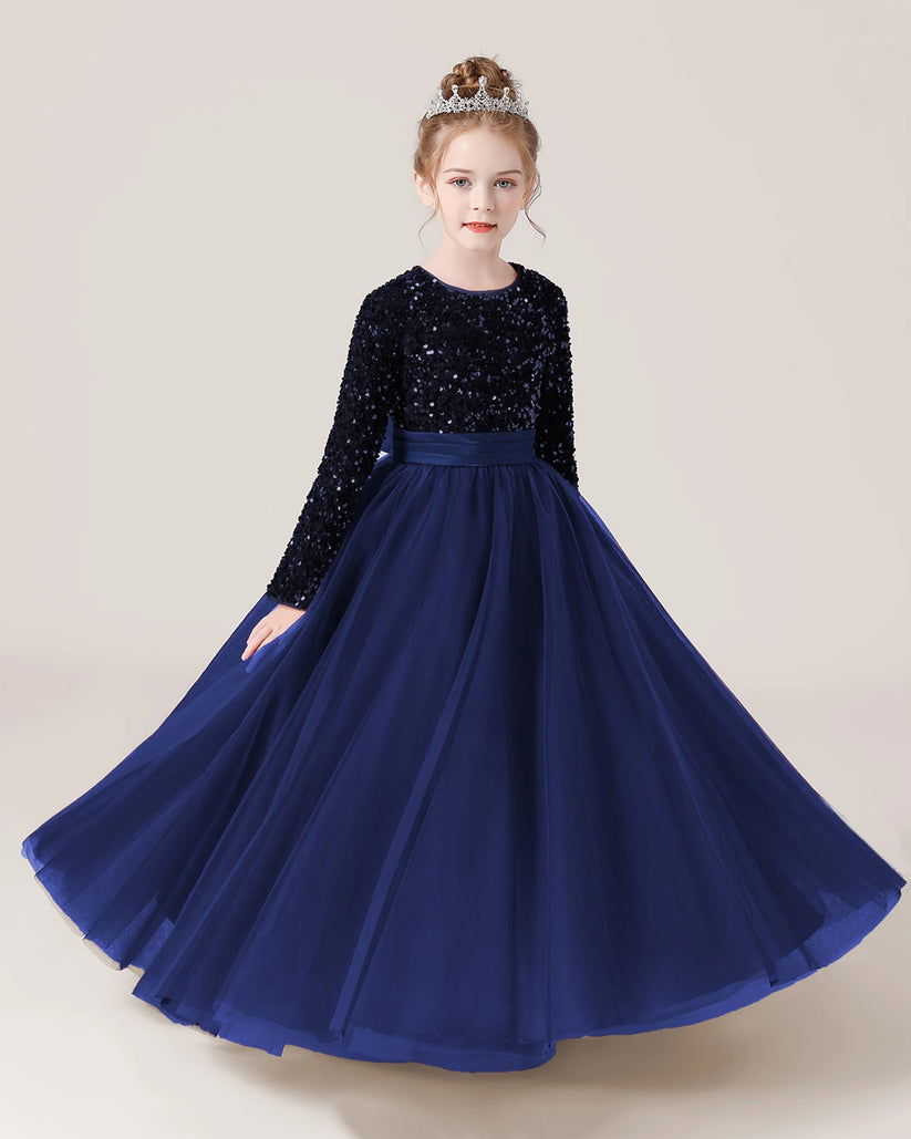 Navy Blue Sequin Tulle A-line Girls Formal Dress Front View