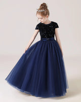 Navy Blue Tulle A-line Girls Formal Dress Front View