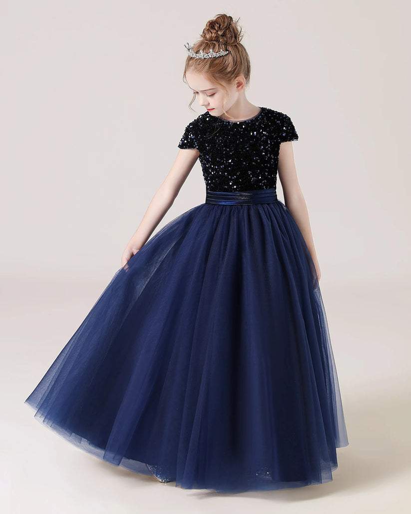 Navy Blue Tulle A-line Girls Formal Dress Front View