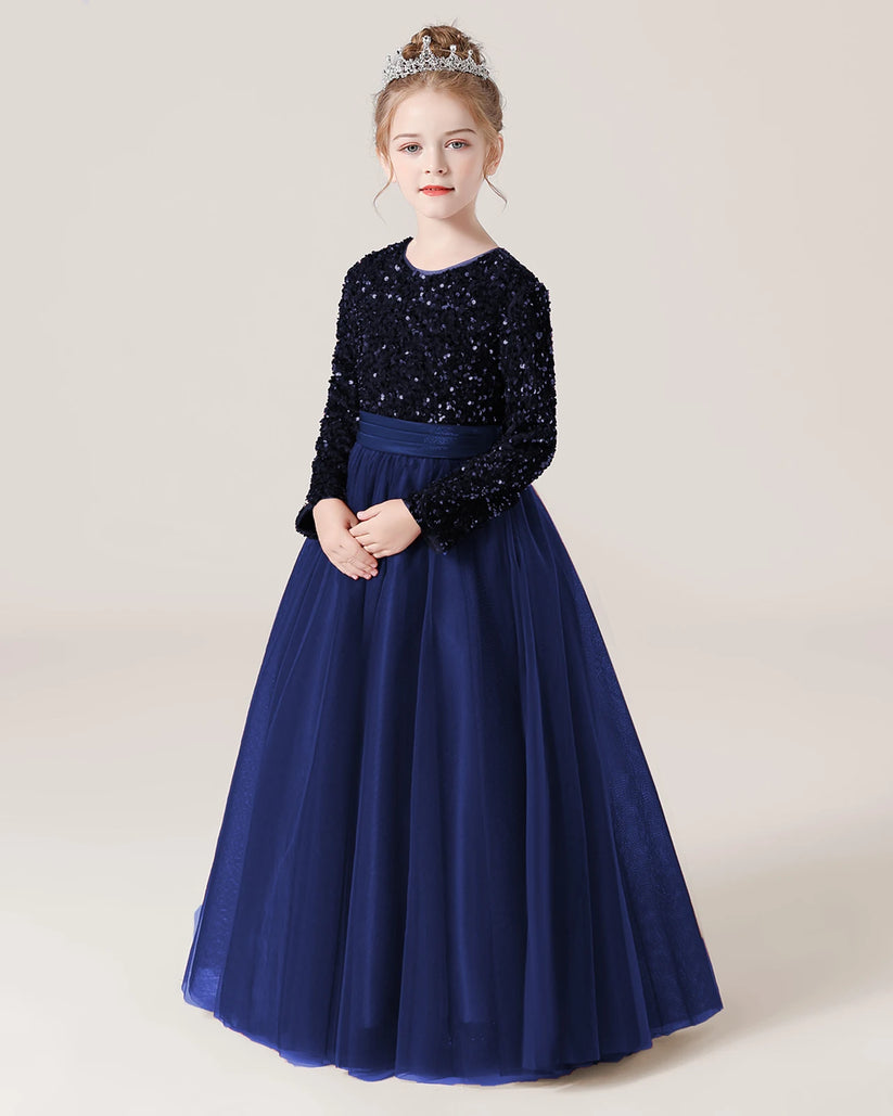 Navy Blue Tulle A-line Girls Formal Dress Front View
