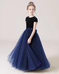 Dideyttawl Sequin Tulle Girls Formal Dress with Cap Sleeves and Back Bow