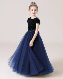 Navy Side Tulle Flower Girls Dress