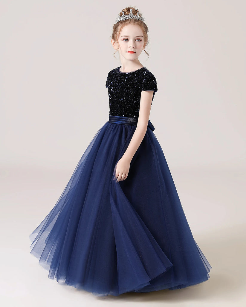 Navy Blue Sequin Tulle A-line Girls Formal Dress Side View