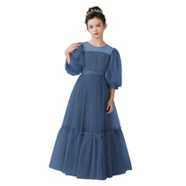 Dideyttawl Girls Dusty Blue Princess Dress Long Sleeve Tulle Ball Gown for Wedding Party