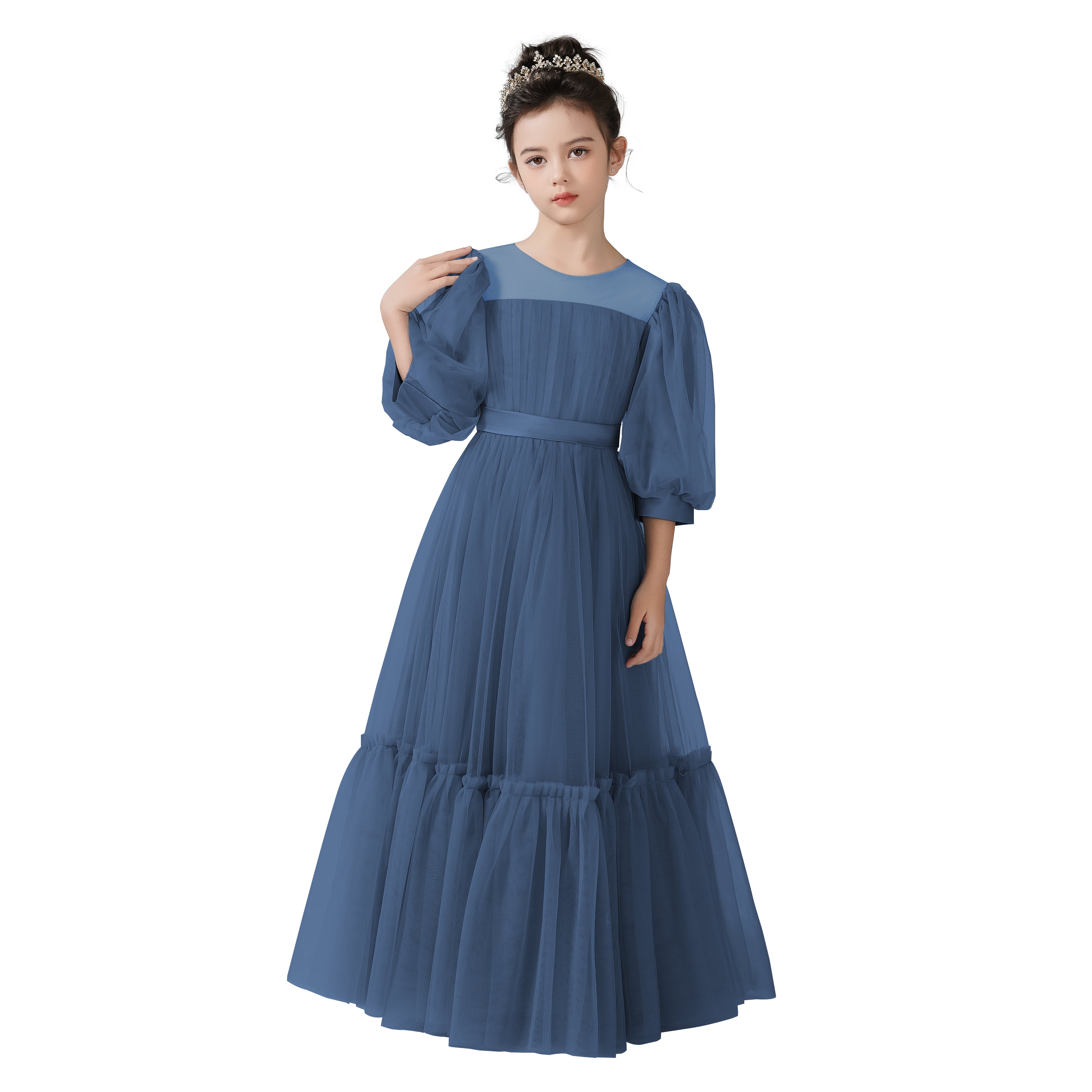 Dideyttawl Girls Dusty Blue Princess Dress Long Sleeve Tulle Ball Gown for Wedding Party