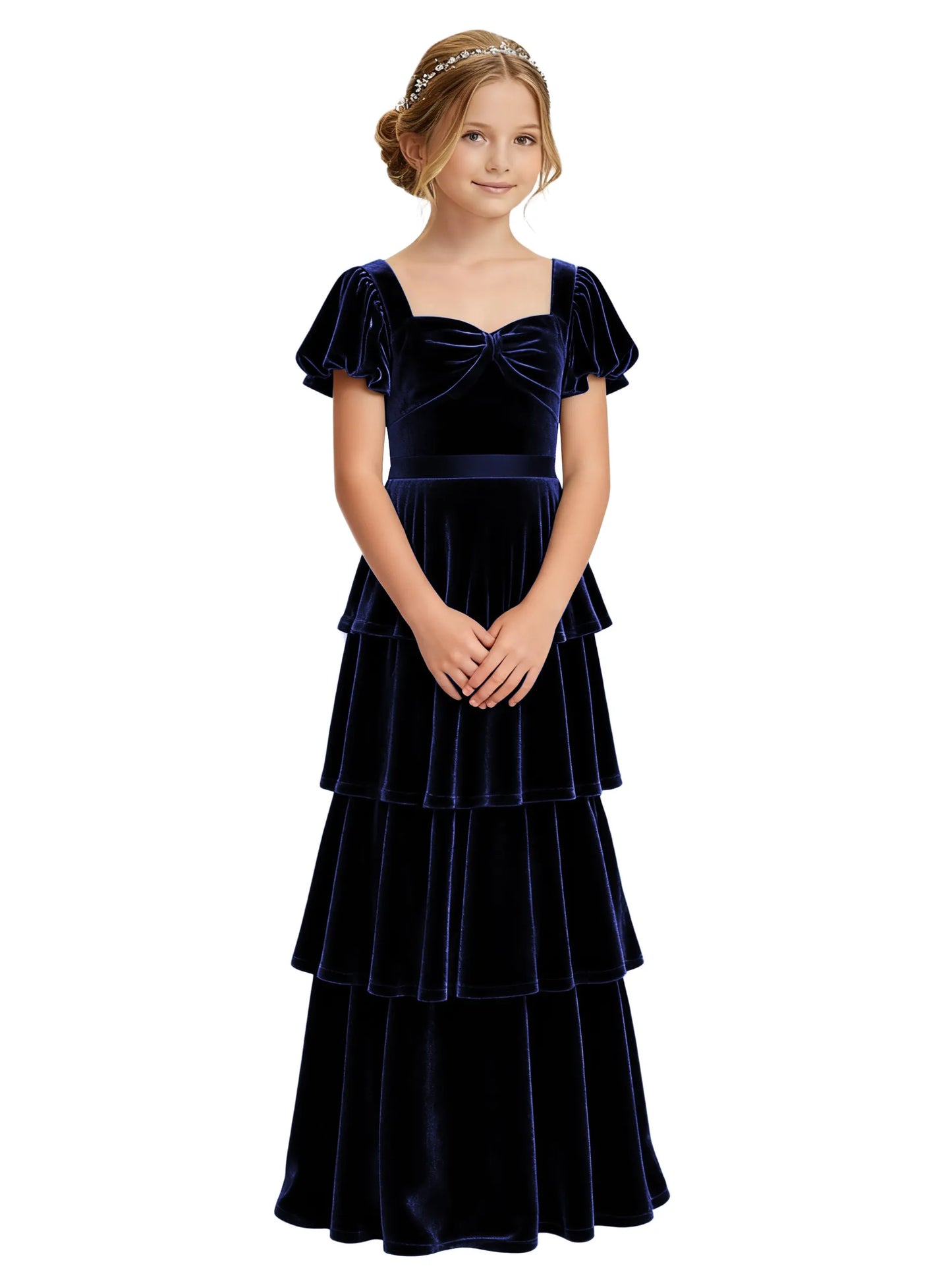 Dideyttawl Burgundy Velvet Junior Bridesmaid Dress Puff Sleeve Tiered Ruffle Formal Dress