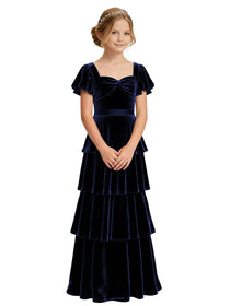 Dideyttawl Burgundy Velvet Girls Formal Dress Puff Sleeve Tiered Ruffle Formal Dress