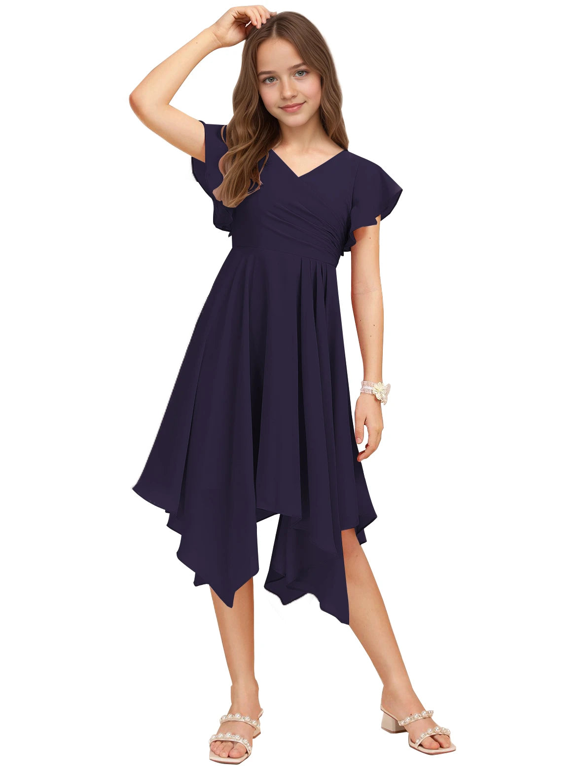 Dideyttawl Dusty Rose Junior Bridesmaid Chiffon Flutter Sleeve A-Line Dress