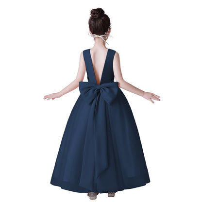 Dideyttawl Big Bow V-Back Satin Tulle Flower Girl Dress with Pearls Puffy Princess Ball Gown