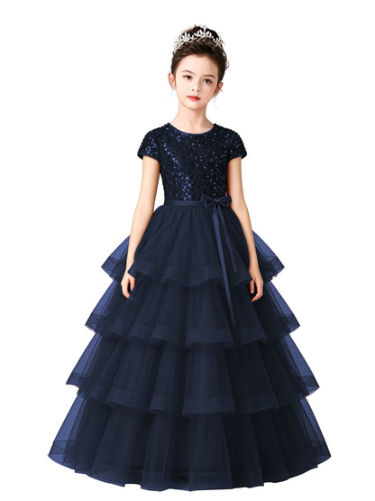 Dideyttawl Puffy Flower Girls Dress Sequins Flower Girl Dresses Sparkly Cap Sleeves Junior Bridesmaid Dress 648