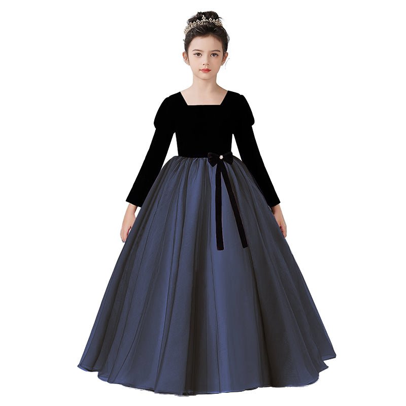 Velvet Tulle Flower Girl Dress for Wedding Girls First Communion Dress Long Sleeves Birthday Party Dress Prom Ball Gown