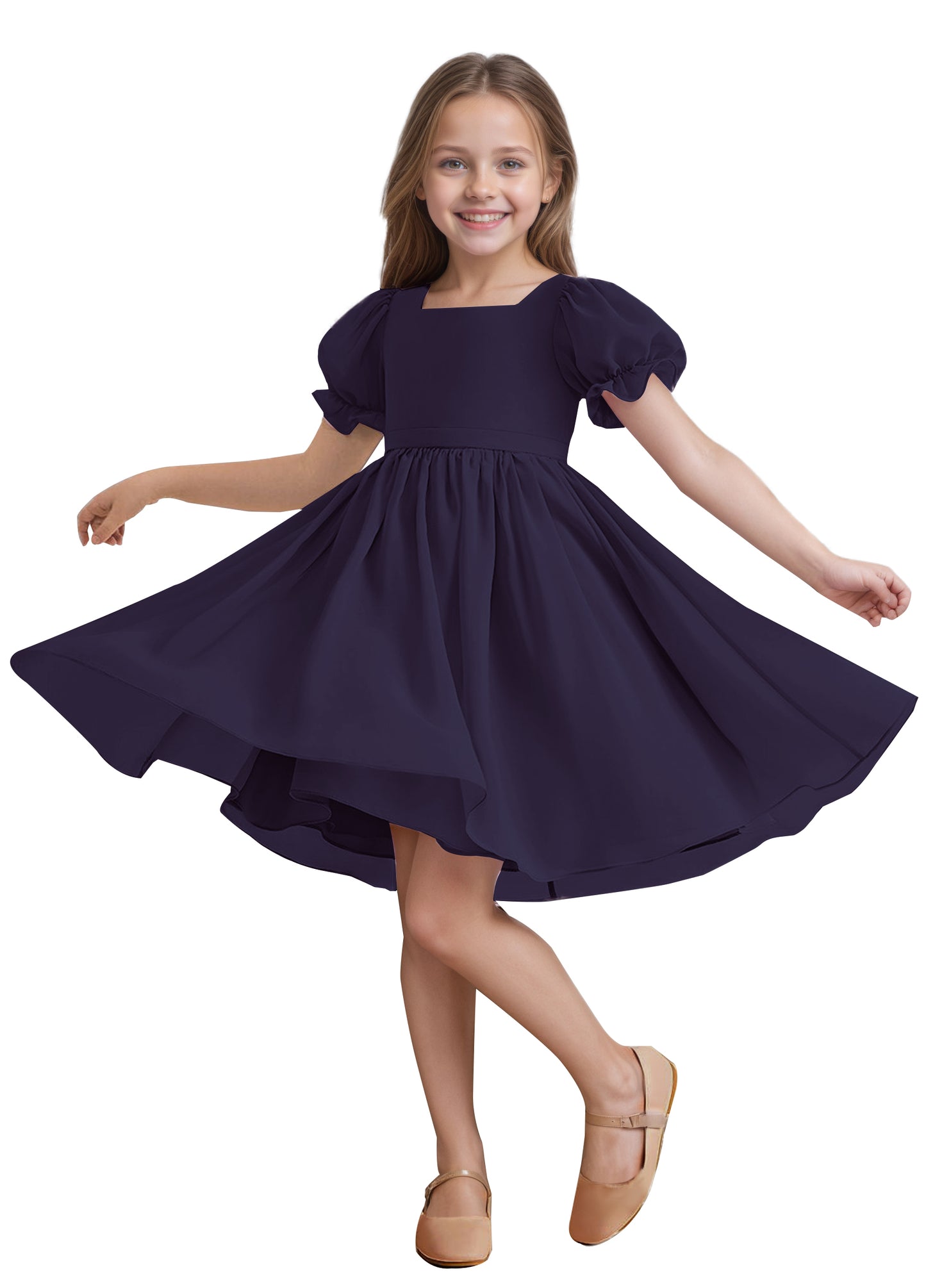 Chiffon Short Sleeves Flower Girl Dresses Knee Length Junior Bridesmaid Dresses for 4-16 650C