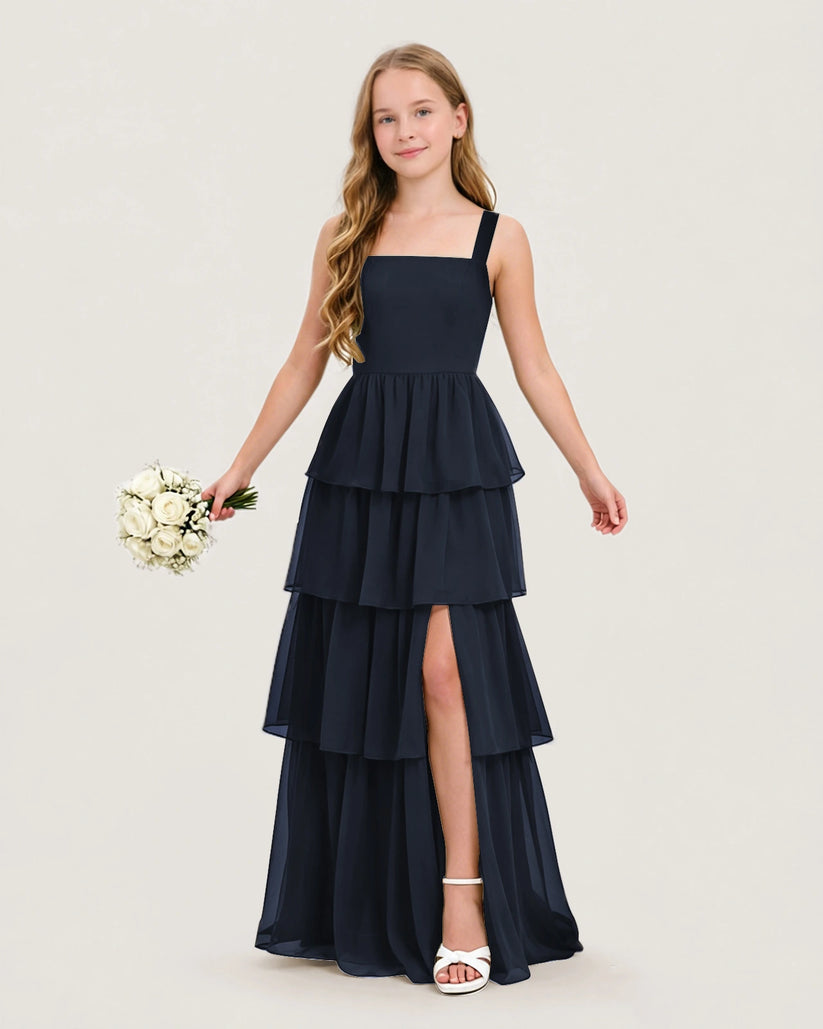Navy Blue Chiffon A-line Junior Bridesmaid Dress Front View