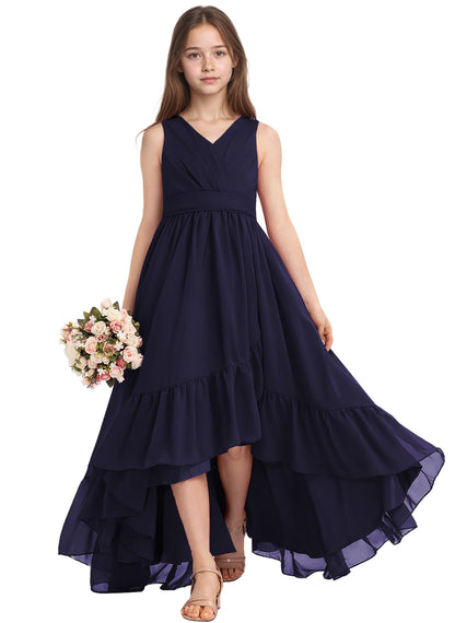 dideyttawl A-Line High Low Flower Girls Dress Long V-Neck Junior Bridesmaid Dresses for Teens Pleated Chiffon 2511