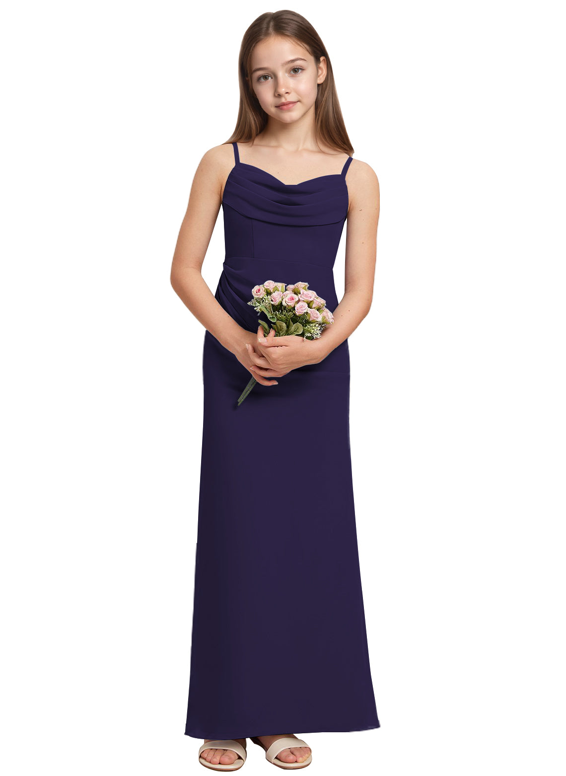 dideyttawl Long Sheathe Junior Bridesmaid Dresses for Girls Chiffon A-Line Ruched Cowl Neck Wedding Flower Girls Dress 2512