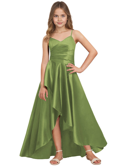 dideyttawl High Low Junior Bridesmaid Dress V-Neck Silk Satin Flower Girl Dress Sleeveless Formal Special Occasion Dress for Wedding 2523