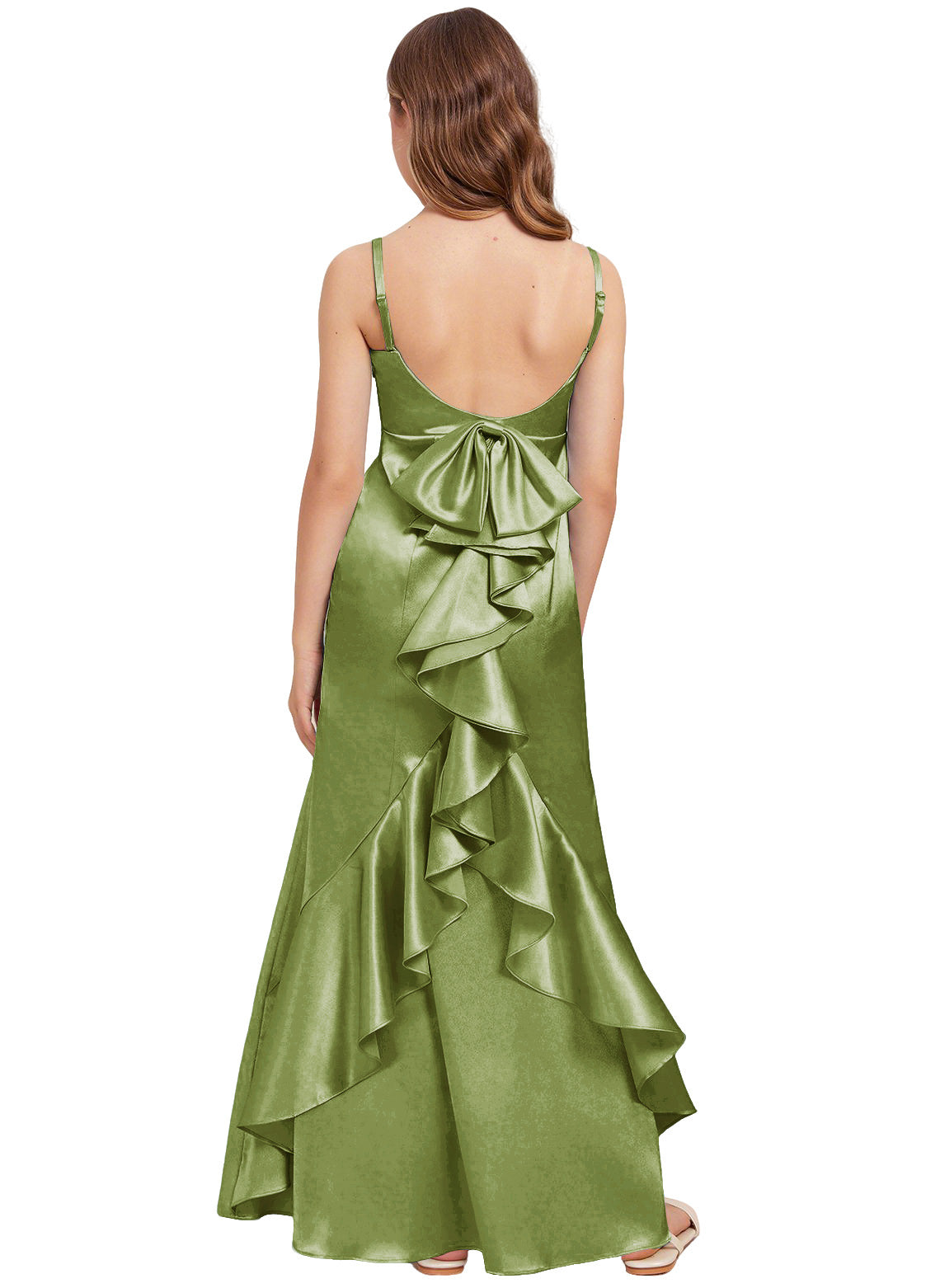 dideyttawl Mermaid Junior Bridesmaid Dress with Slit V-Neck Ruffles Bow Stretch Satin Flower Girl Dress Sleeveless Formal Special Occasion Dress for Wedding 2522