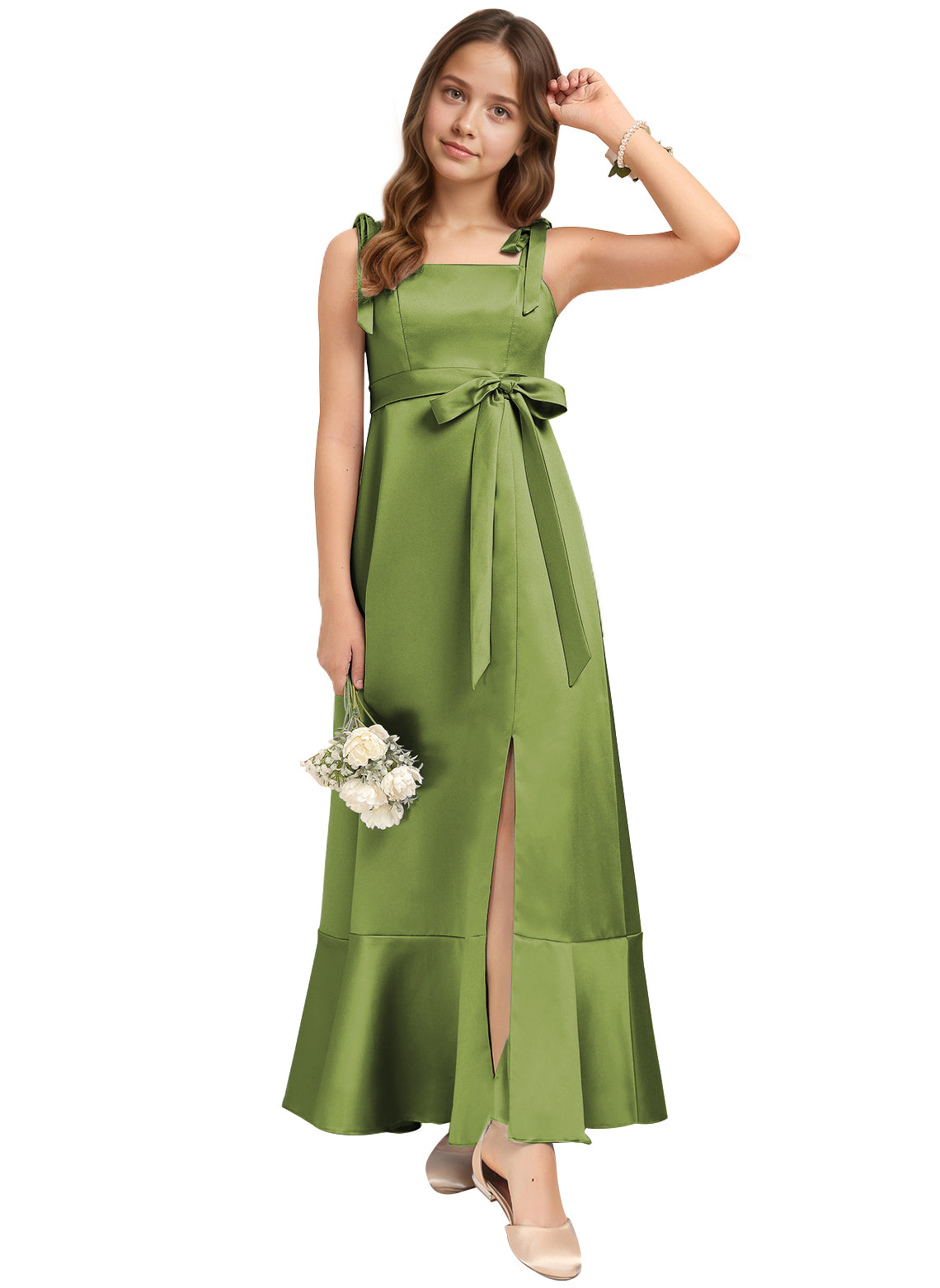 dideyttawl Junior Bridesmaid Dresses for Teens Silk Satin Adjustable Straps Flower Girl Dress with Slit 2529