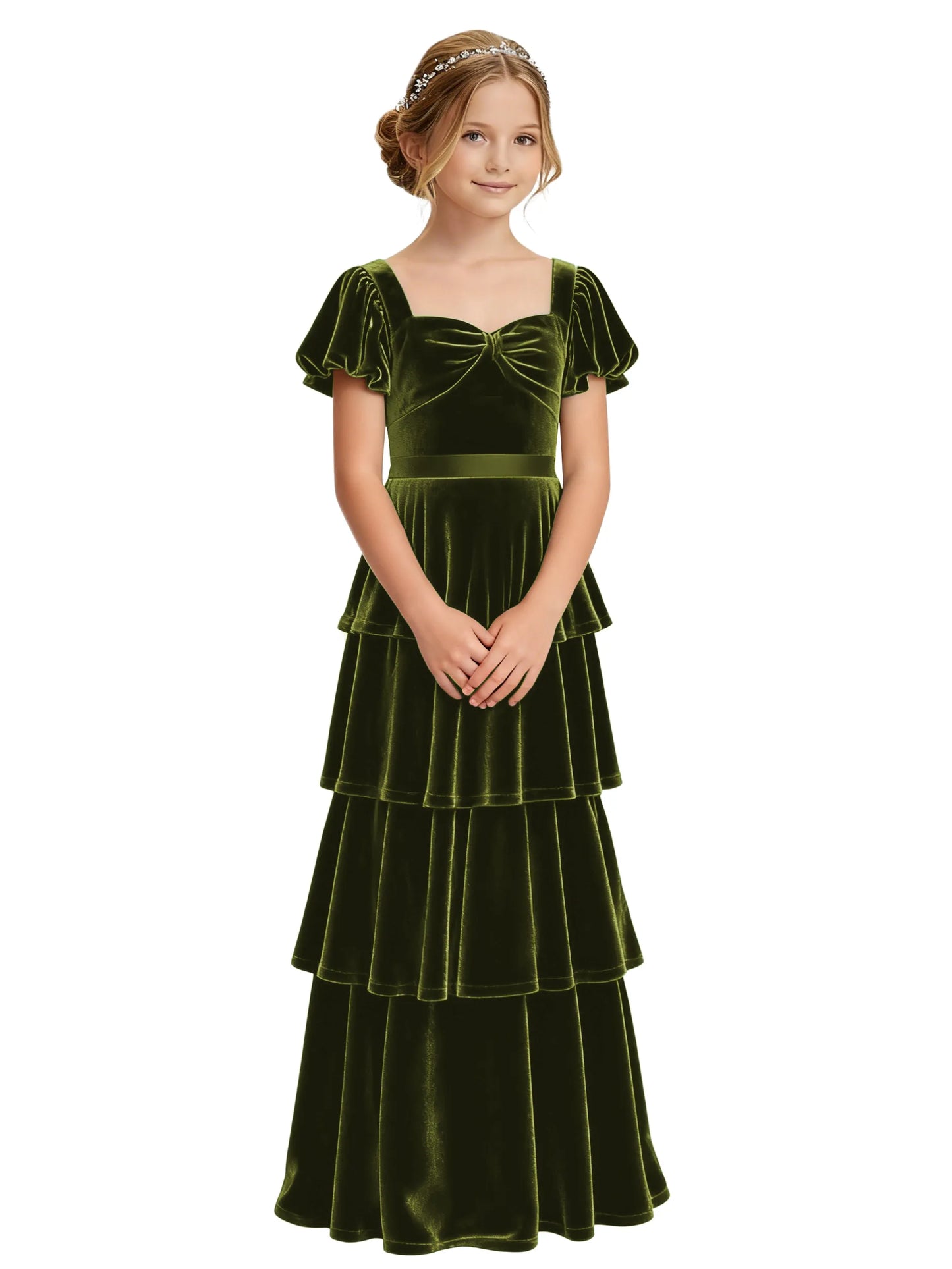 Dideyttawl Burgundy Velvet Junior Bridesmaid Dress Puff Sleeve Tiered Ruffle Formal Dress