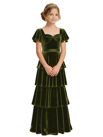 Dideyttawl Burgundy Velvet Girls Formal Dress Puff Sleeve Tiered Ruffle Formal Dress