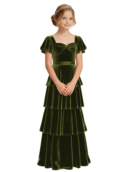Dideyttawl Burgundy Velvet Junior Bridesmaid Dress Puff Sleeve Tiered Ruffle Formal Dress