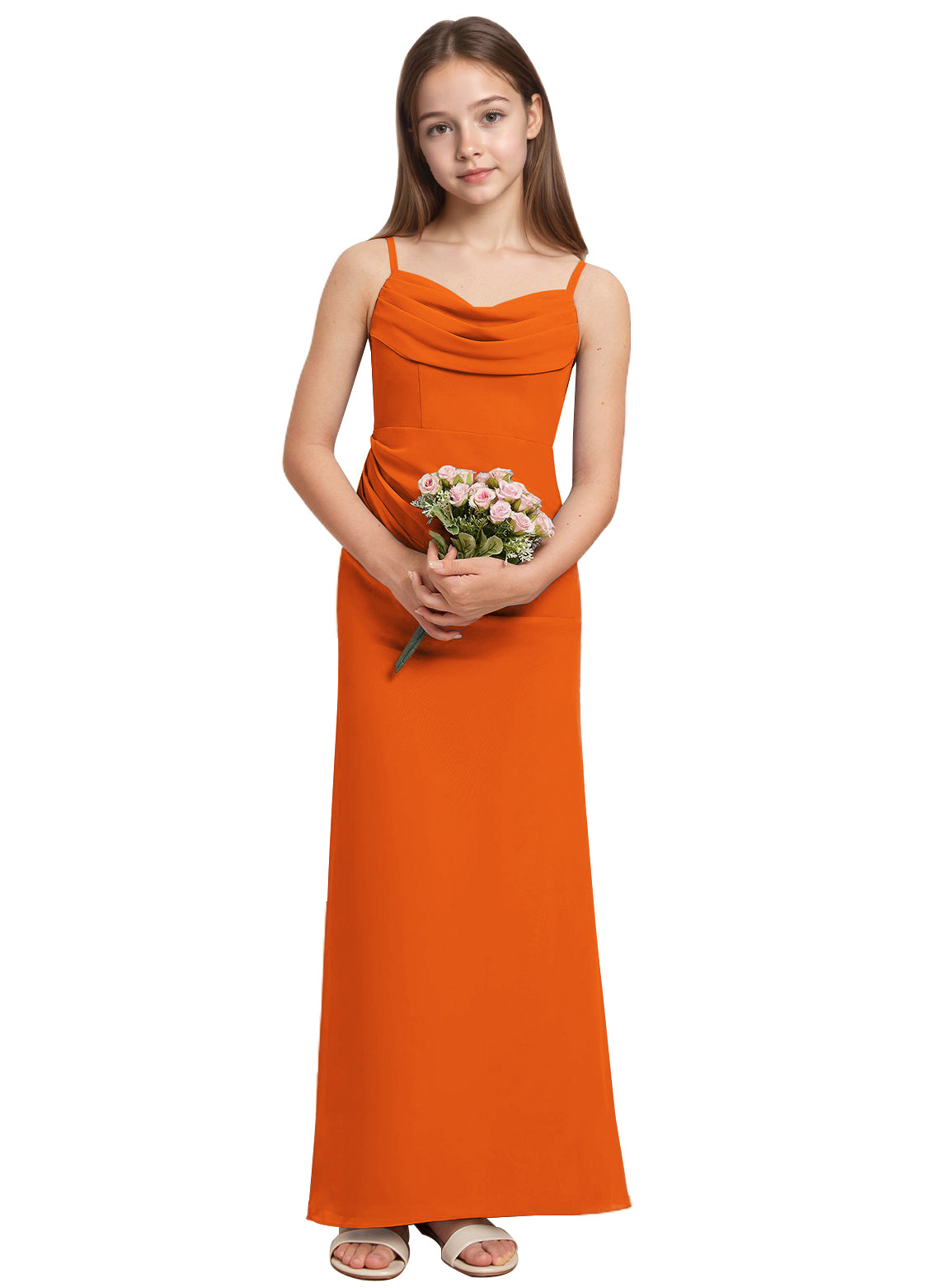dideyttawl Long Sheathe Junior Bridesmaid Dresses for Girls Chiffon A-Line Ruched Cowl Neck Wedding Flower Girls Dress 2512