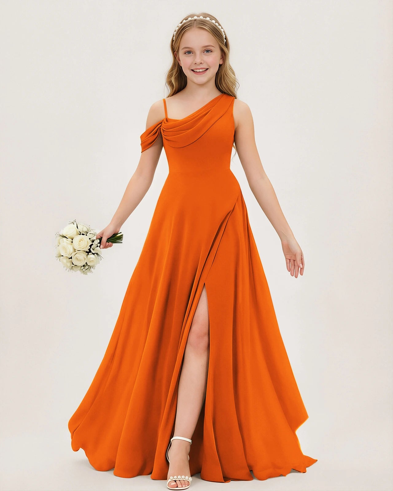 Orange Chiffon A-line Junior Bridesmaid Dress Front View