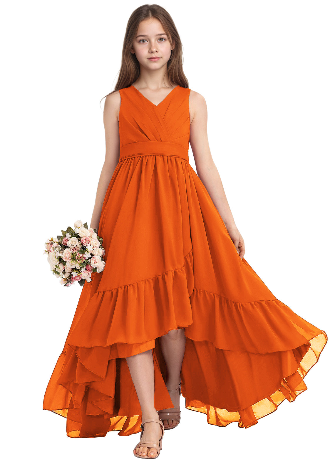 dideyttawl A-Line High Low Flower Girls Dress Long V-Neck Junior Bridesmaid Dresses for Teens Pleated Chiffon 2511