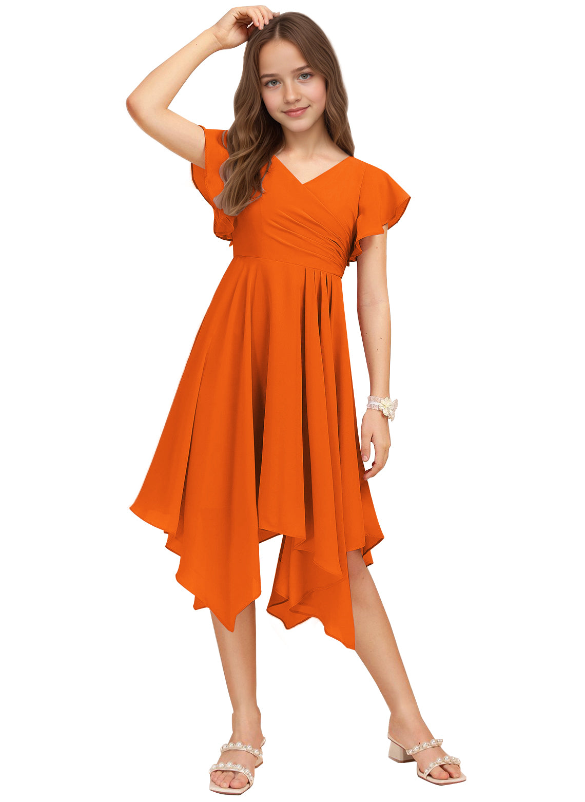 Chiffon Short Junior Bridesmaid Dresses Knee Length Flutter Sleeves Flower Girl Dresses for 4-16 2505