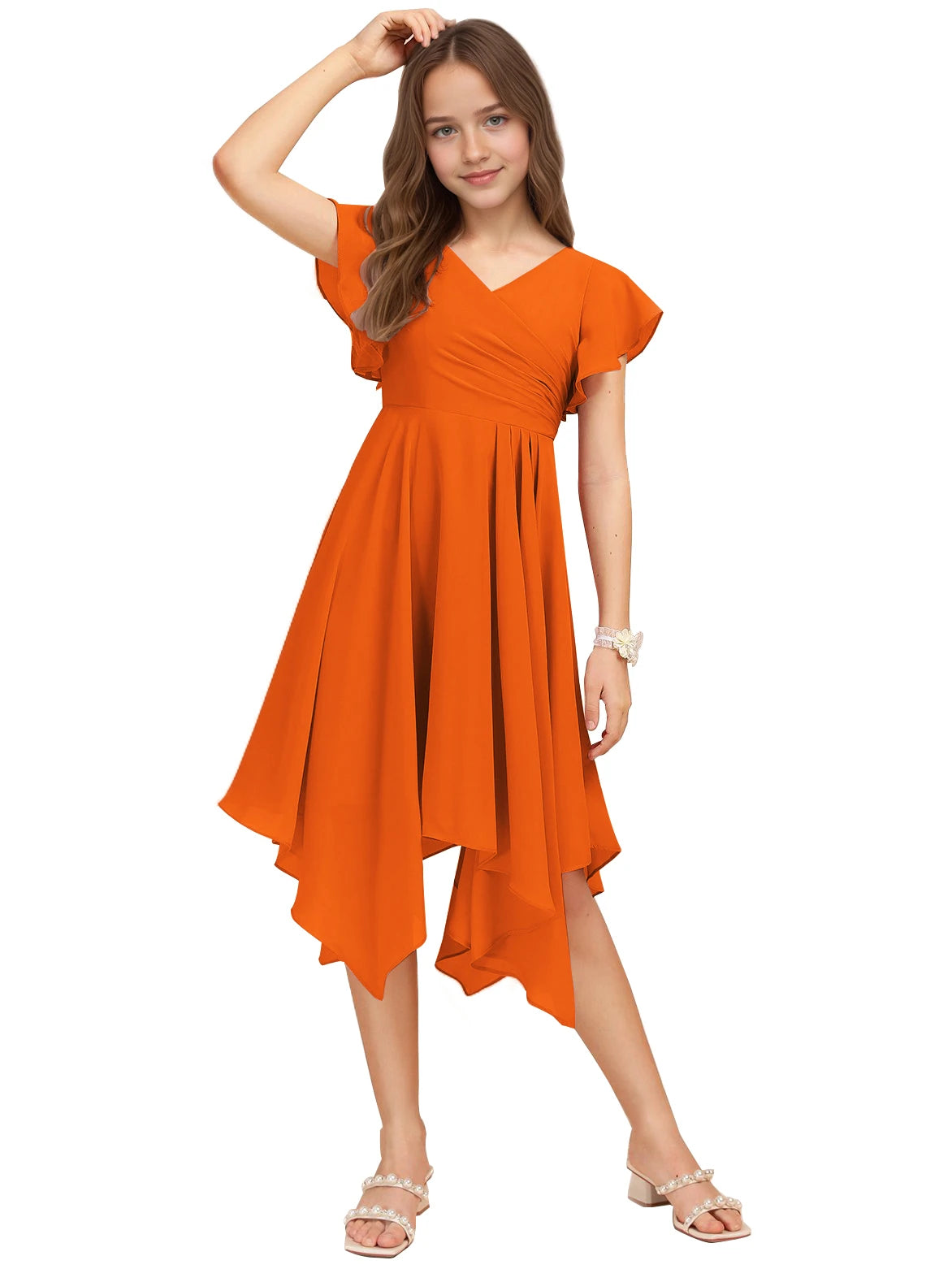 Dideyttawl Dusty Rose Junior Bridesmaid Chiffon Flutter Sleeve A-Line Dress