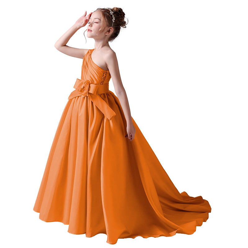 Dideyttawl Flower Girls Pageant Dresses One Shoulder Sleeveless Formal Satin Dress for Wedding Guest Princess Ball Gown Flower Belt Dress