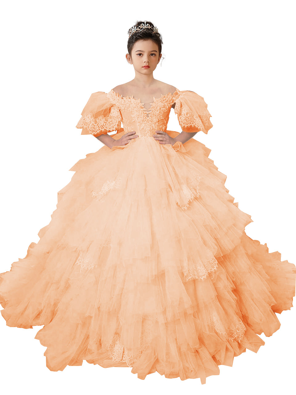 Flower Girl Dresses Lace Appliqued Puffy Sleeves Floor Length Long Train Princess Dresses
