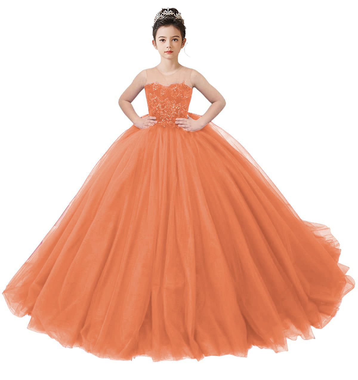 2025 Spring Embroidery Lace Appliqued Tulle Flower Girls Dress Wedding Guest Dress Puffy Princess Dress Strapless Full Length Pageant Dress