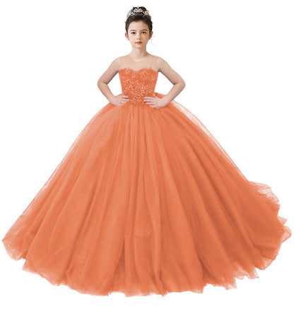 2025 Spring Embroidery Lace Appliqued Tulle Flower Girls Dress Wedding Guest Dress Puffy Princess Dress Strapless Full Length Pageant Dress