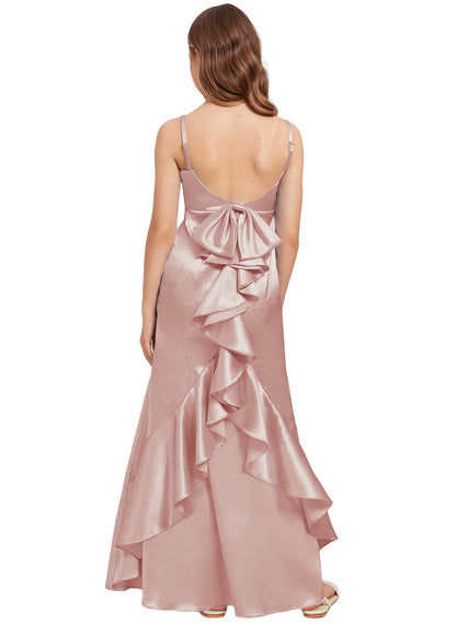 dideyttawl Mermaid Junior Bridesmaid Dress with Slit V-Neck Ruffles Bow Stretch Satin Flower Girl Dress Sleeveless Formal Special Occasion Dress for Wedding 2522