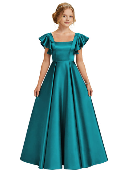 dideyttawl 2026 Girls Satin Prom Ball Gown Princess Dress Maxi Ruffle Sleeve Junior Bridesmaid Flower Girl Dresses 2546