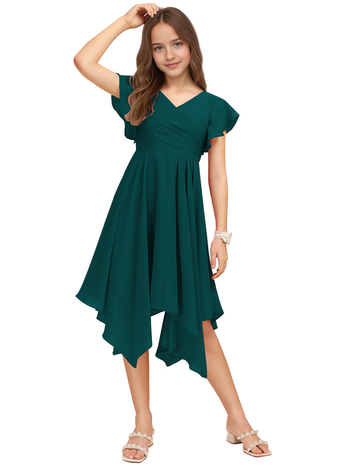 Chiffon Short Junior Bridesmaid Dresses Knee Length Flutter Sleeves Flower Girl Dresses for 4-16 2505