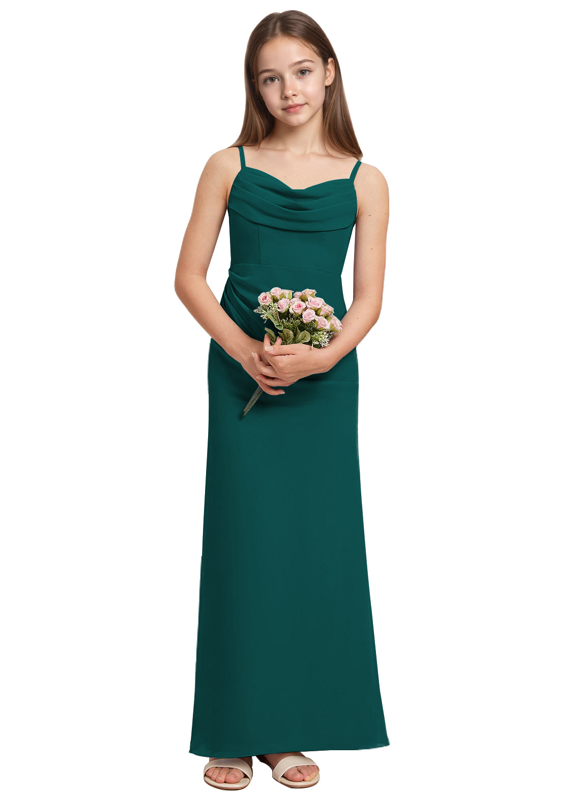 dideyttawl Long Sheathe Junior Bridesmaid Dresses for Girls Chiffon A-Line Ruched Cowl Neck Wedding Flower Girls Dress 2512