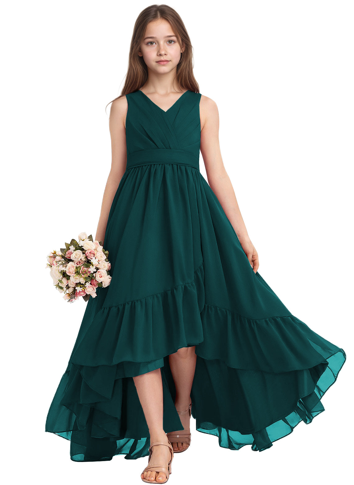 dideyttawl A-Line High Low Flower Girls Dress Long V-Neck Junior Bridesmaid Dresses for Teens Pleated Chiffon 2511